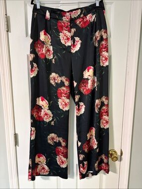 Express Black Satin Wide-Leg Pants with Red & Cream Floral Print
